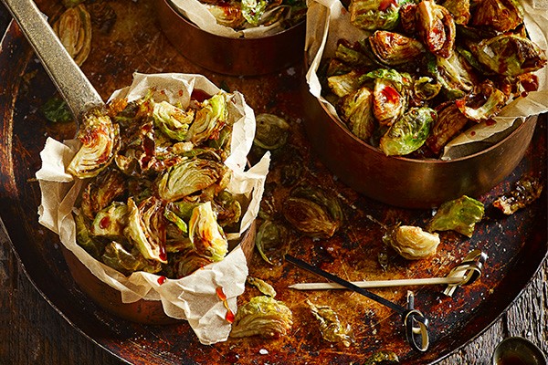 Deep-fried Brussels sprouts in serving dishes