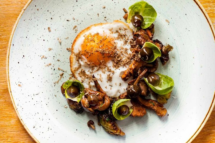Wild mushrooms, fried duck egg, brussels sprouts, walnut & truffle