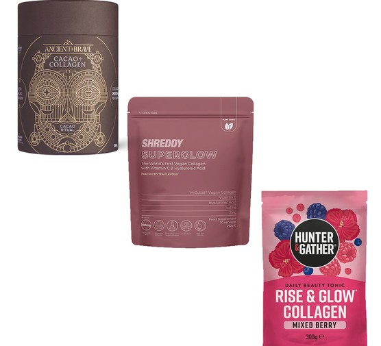 A sachet of Hunter & Gather Rise & Glow Collagen Daily Beauty Tonic, a pack of Shreddy Superskin, and a dark brown container of Ancient + Brave cacao and collagen