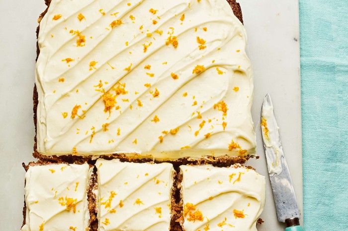 A carrot cake traybake cut into squares