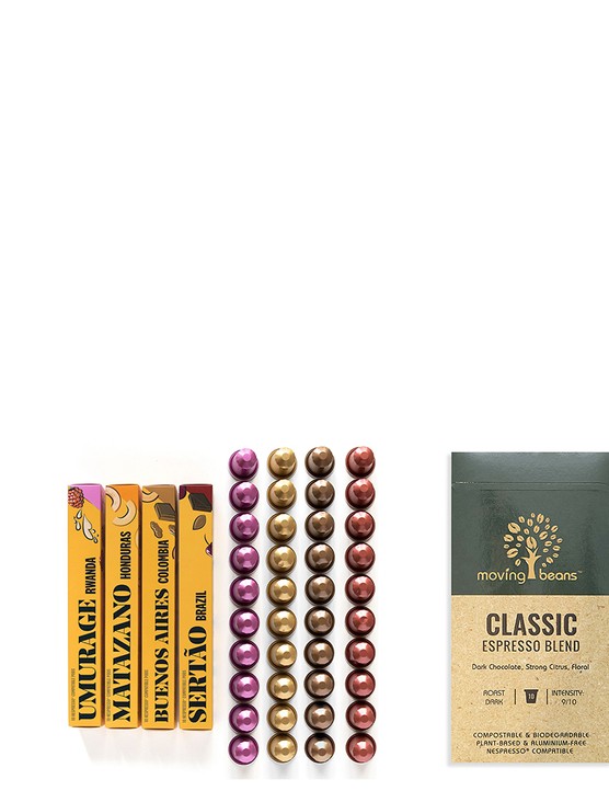 A row of different coffee brands' eco-friendly capsules