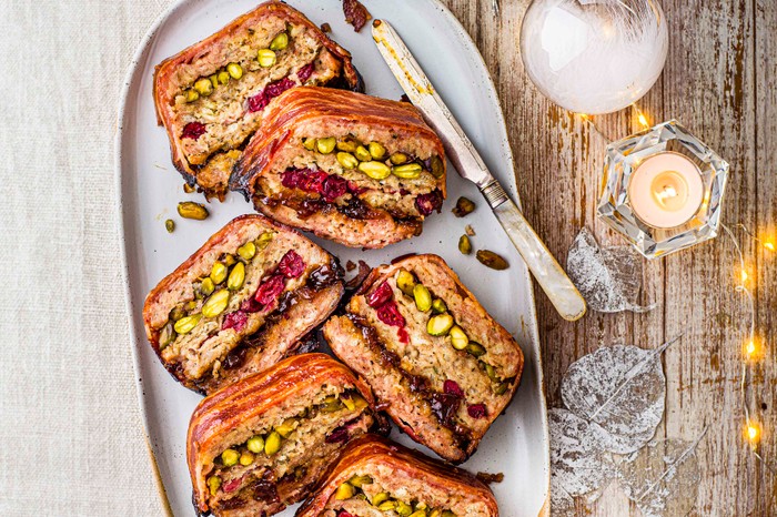 Slices of layered stuffing on a large platter