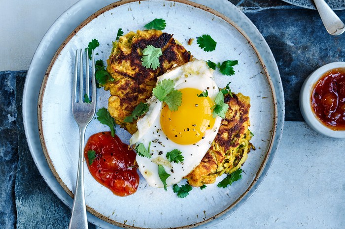 Spiced Sprout Fritters With Duck Eggs