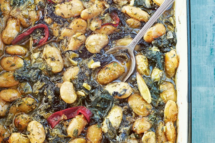 Dish of butter beans, spinach and chard