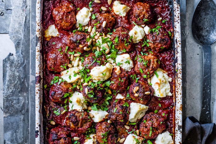 Greek lamb meatball, feta and tomato bake
