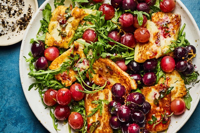 A large halloumi and grape salad for sharing