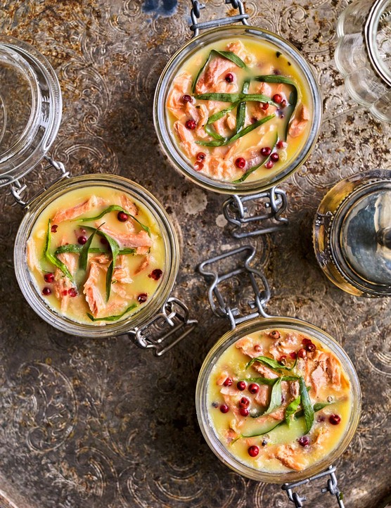 Irish potted trout with chilli, tarragon and pink peppercorns in glass jars