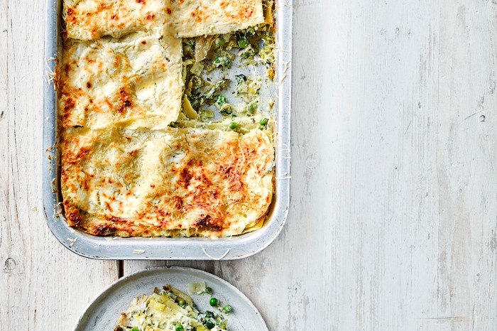 Veg lasagne in a baking tin
