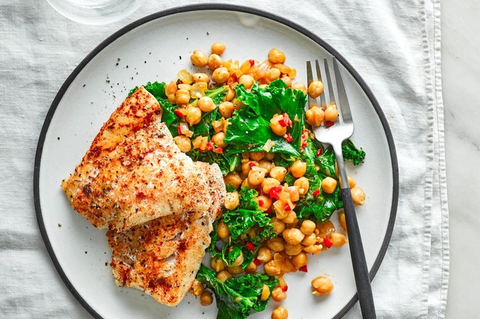 Grilled Hake with Smoky Chickpeas, Preserved Lemon and Kale