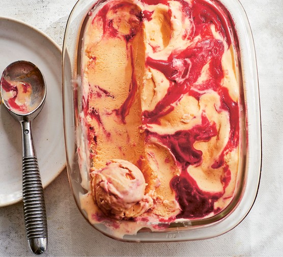 Raspberry ripple ice cream in a baking dish