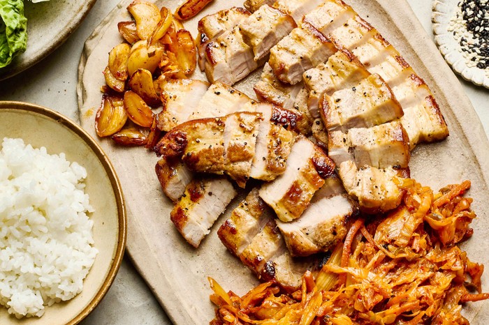 Pork belly cut into cubes and served on a platter