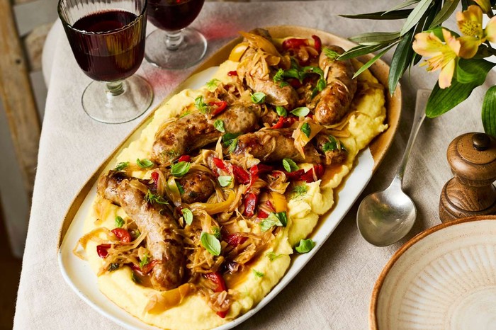A platter of sausages and polenta