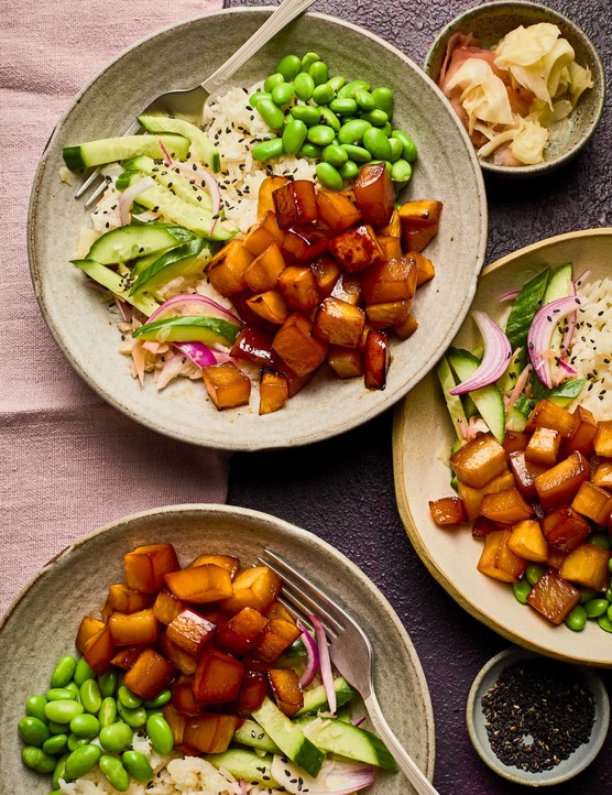 Three plates of roast swede with salad