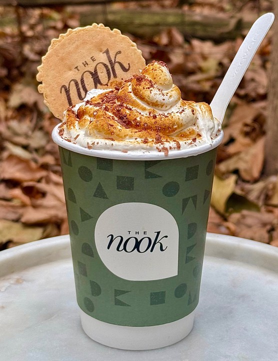 The Nook's Belgium hot chocolate in a takeaway coffee cup
