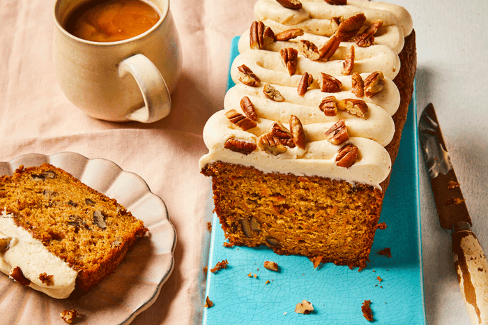 Carrot cake loaf topped with icing